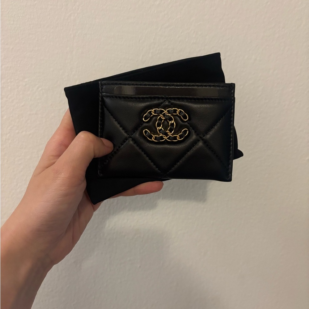 Chanel Black Quilted Card Holder with Gold Logo
